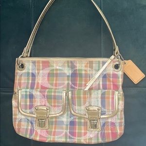 Coach handbag, shoulder bag. Pastel, plaid, gold